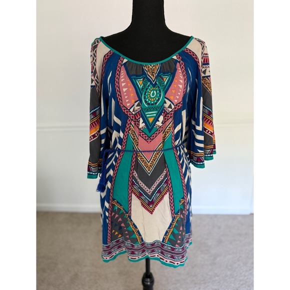 Flying Tomato Bohemian Tunic Dress Bell Sleeve Colorful Print rayon Size S - Picture 10 of 10